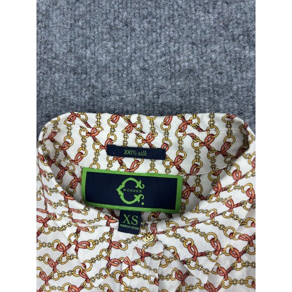 C Wonder Shirt Womens XS White Red Gold Chain Print 100% Silk Button Up Blouse - Picture 2 of 7